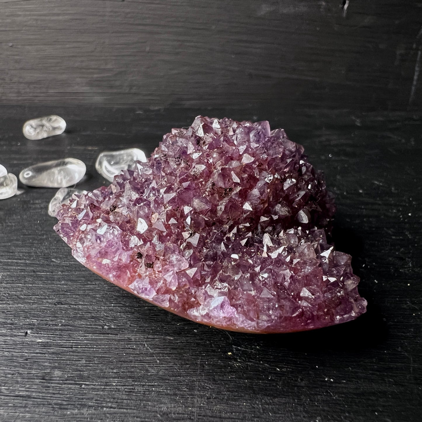 Small Uruguay Amethyst hedgehog crystal with polished side, approx. 54g collector's item