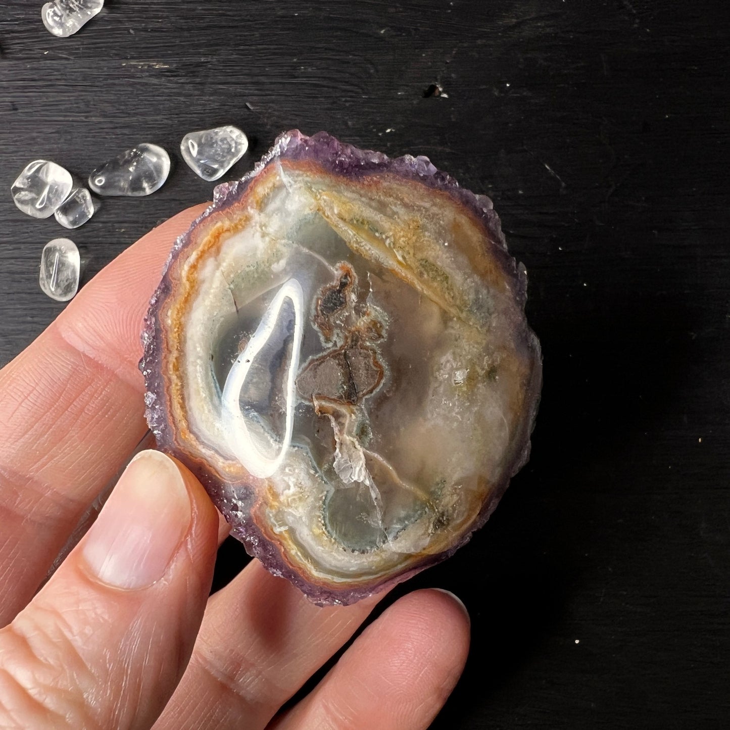 Small Uruguay Amethyst hedgehog crystal with polished side, approx. 54g collector's item